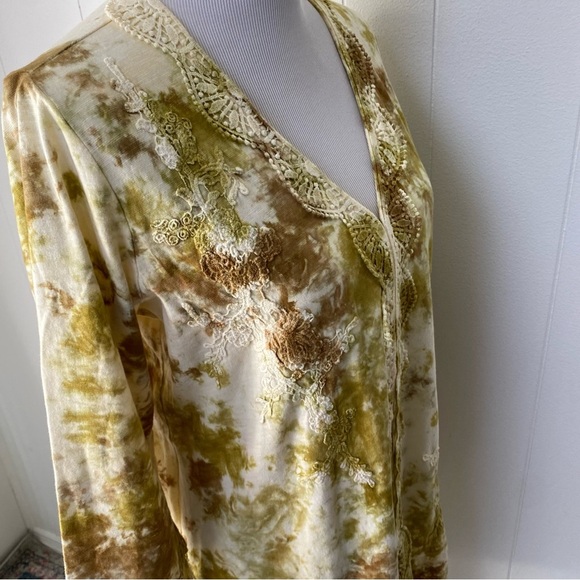 LOGO Lori Goldstein Lavish Cream Brown Tie-Dye Crochet Lace Duster Pockets Sz M - Picture 6 of 16